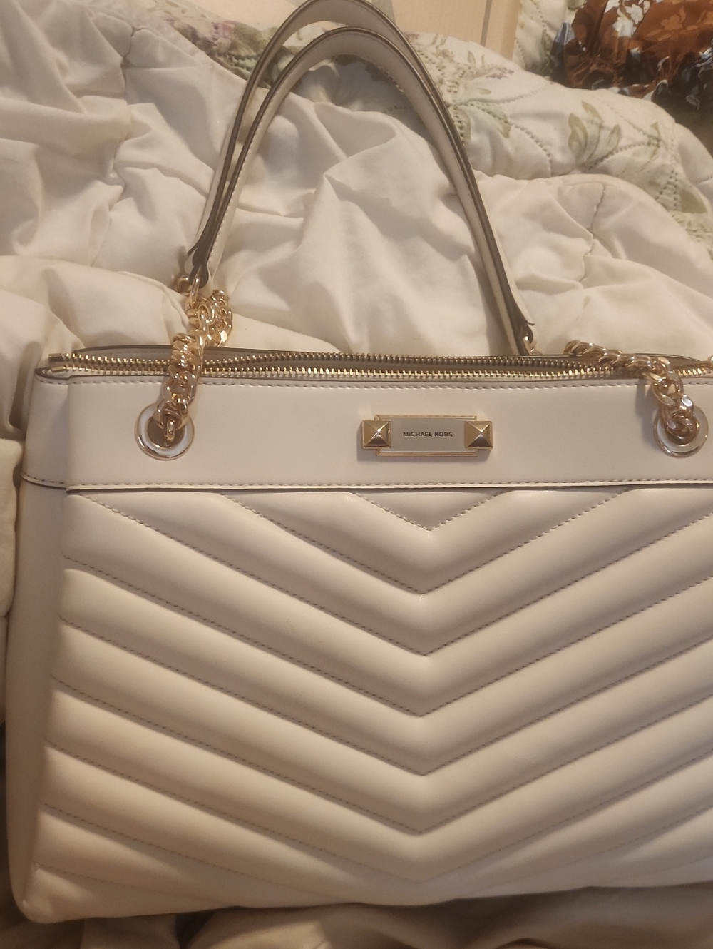 Michael Kors Cream Quilted Tote with Gold Chain Handles